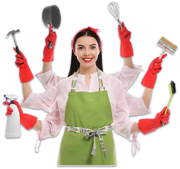 Professional cleaning services: A well-equipped cleaner tidying up a modern living space, ensuring a spotless and organized home environment.