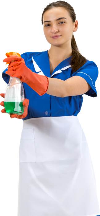 Professional cleaning services: A well-equipped cleaner tidying up a modern living space, ensuring a spotless and organized home environment.