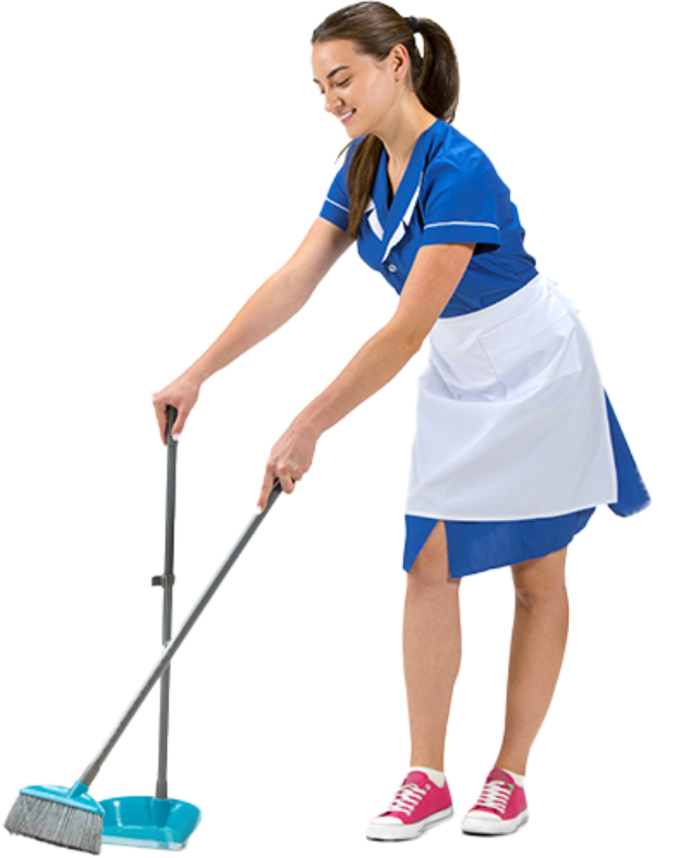Professional cleaning services: A well-equipped cleaner tidying up a modern living space, ensuring a spotless and organized home environment.